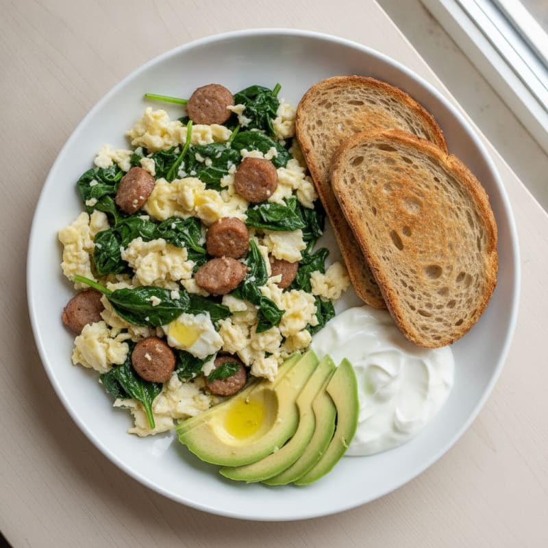 Egg White and Spinach Scramble with Turkey Sausage and Greek Yogurt