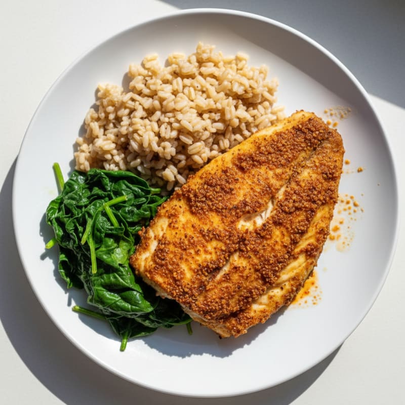 Spicy Yaji Tilapia with Brown Rice and Steamed Spinach
