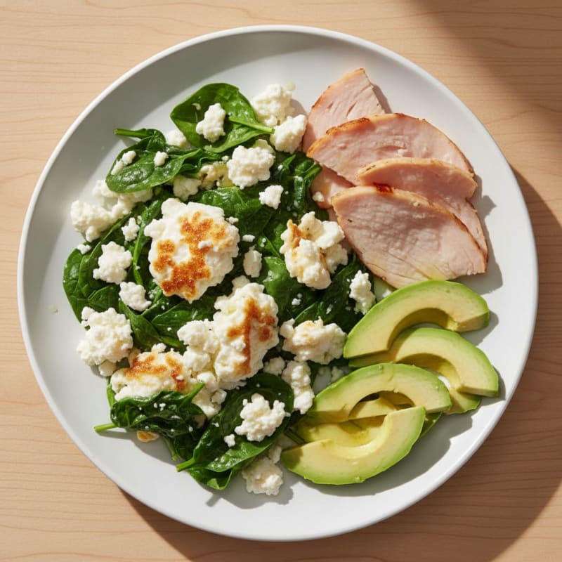 Egg White Spinach Scramble with Cottage Cheese and Sliced Turkey