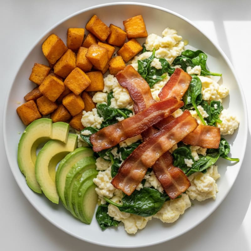 Crispy Turkey Bacon and Egg White Scramble with Spinach and Sweet Potato