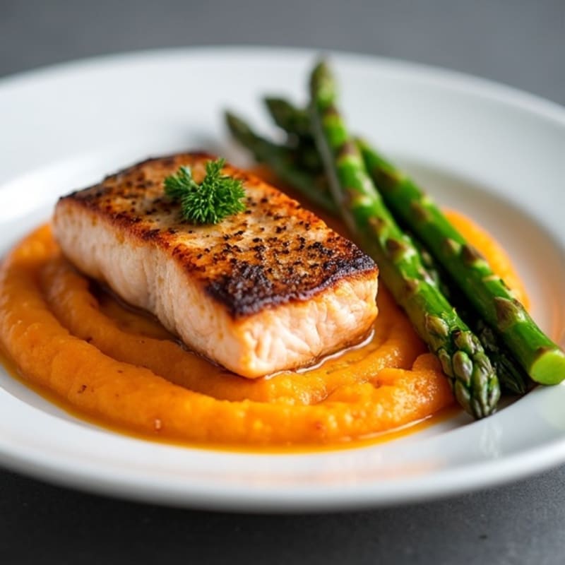 Seared Salmon with Roasted Asparagus and Sweet Potato Mash