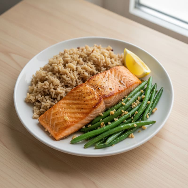 Seared Salmon Fillet with Garlic Green Beans and Brown Rice