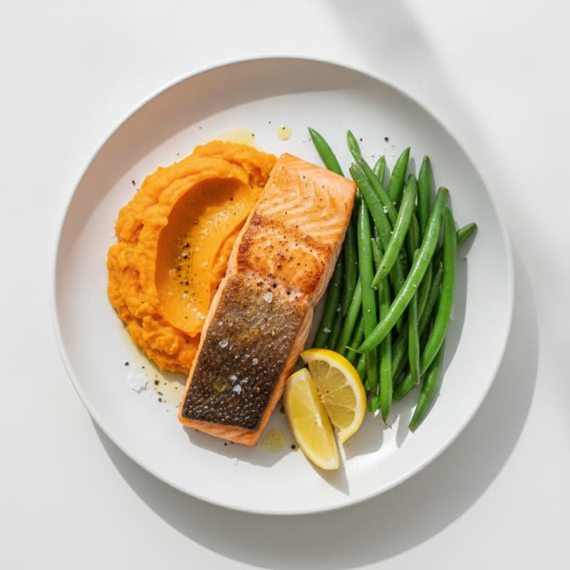 Seared Salmon Fillet with Steamed Green Beans and Sweet Potato Mash