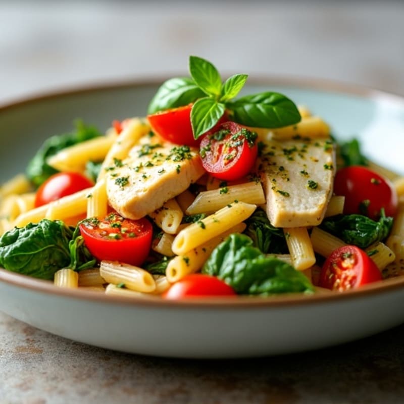 Chicken Pesto Pasta with Fresh Spinach and Roasted Cherry Tomatoes