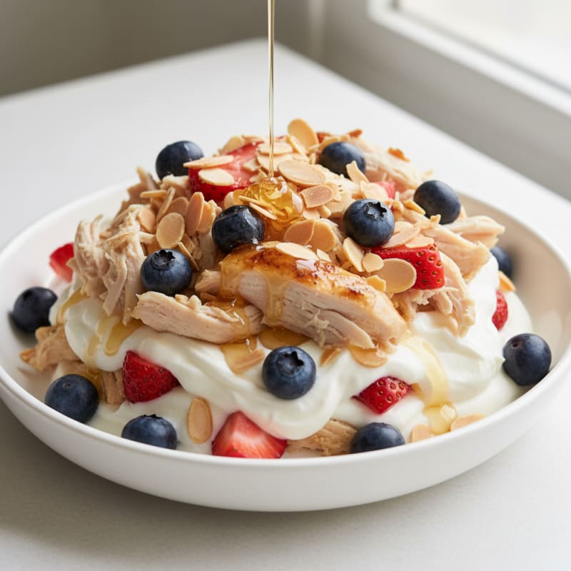 Creamy Greek Yogurt Protein Parfait with Shredded Chicken and Berries