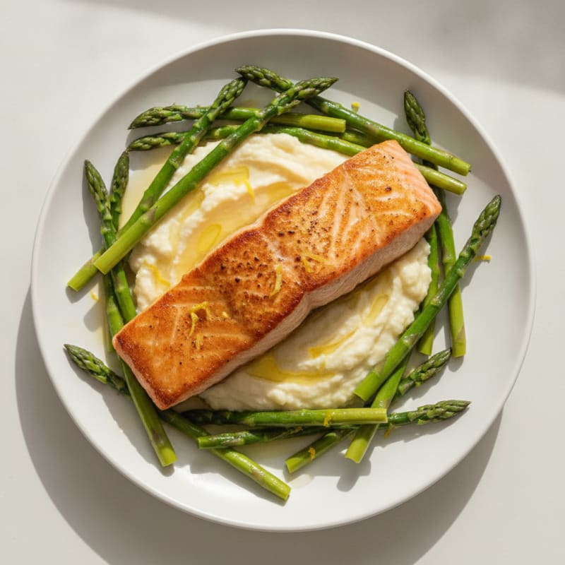 Seared Salmon Fillet with Steamed Asparagus and Cauliflower Mash