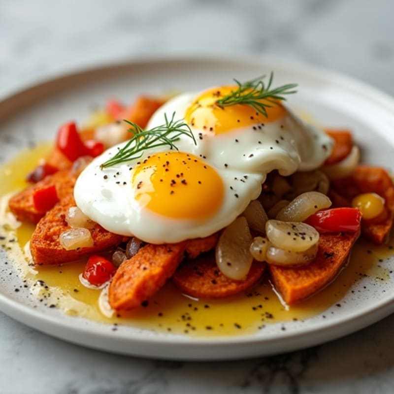 Poached Eggs with Crispy Sweet Potato Hash and Creamy Lemon-Dill Sauce