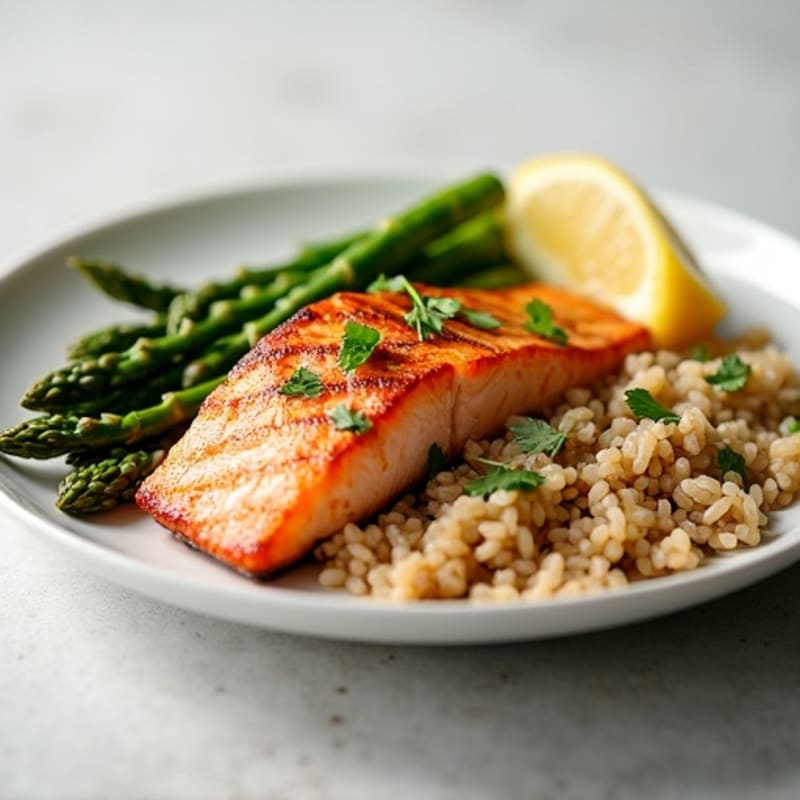 Seared Salmon with Steamed Asparagus and Brown Rice