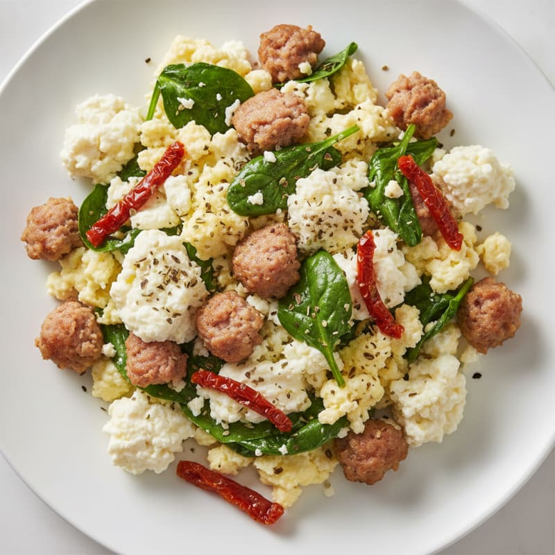 Pizza-Style Cottage Cheese Scramble with Turkey Sausage and Spinach