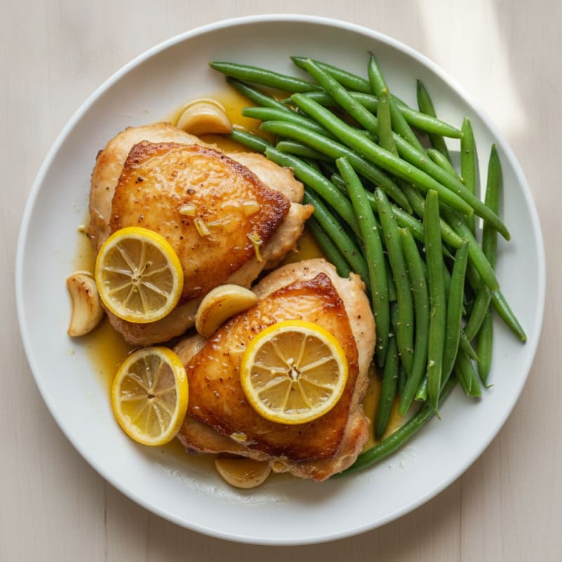 Lemon Garlic Chicken Thighs with Steamed Green Beans