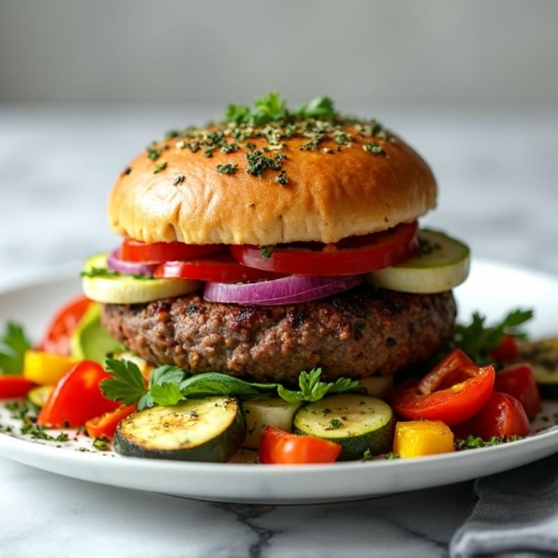 Herb-Crusted Bunless Beef Burger with Roasted Vegetables