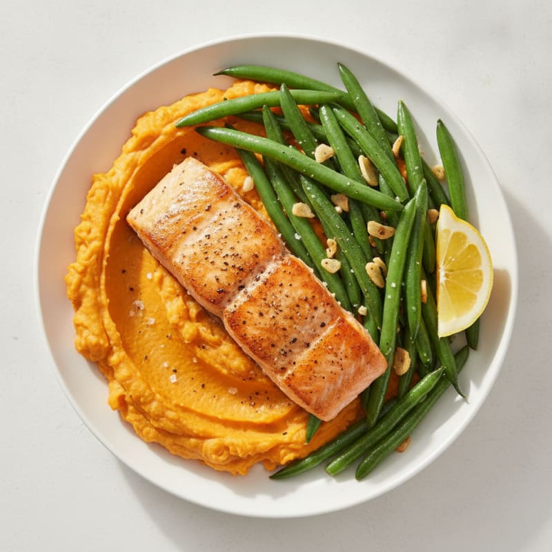 Seared Salmon with Garlic Green Beans and Sweet Potato Mash