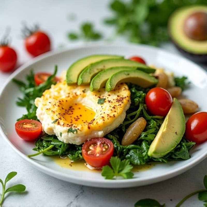 Egg White and Cottage Cheese Scramble with Spinach, Cherry Tomatoes, and Avocado