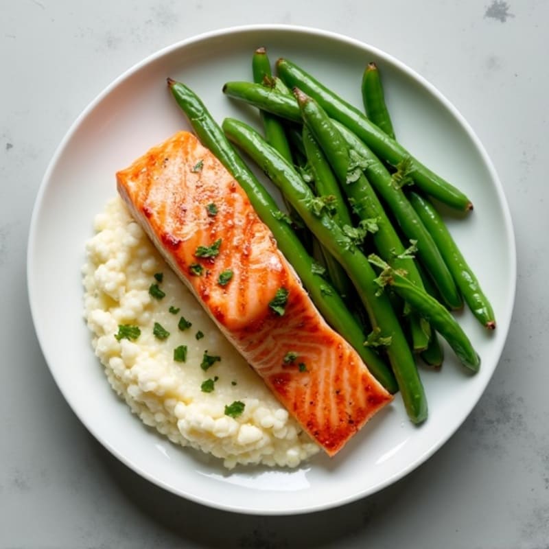 Seared Salmon with Steamed Green Beans and Cauliflower Mash