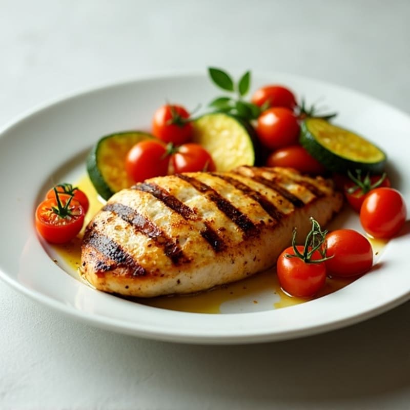 Grilled Chicken Breast with Roasted Zucchini and Tomato