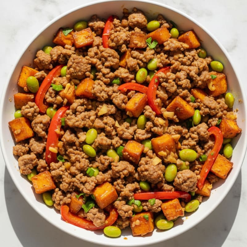 Ground Beef Sweet Potato Skillet with Roasted Peppers