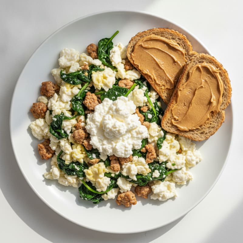 Egg White and Turkey Spinach Scramble with Cottage Cheese