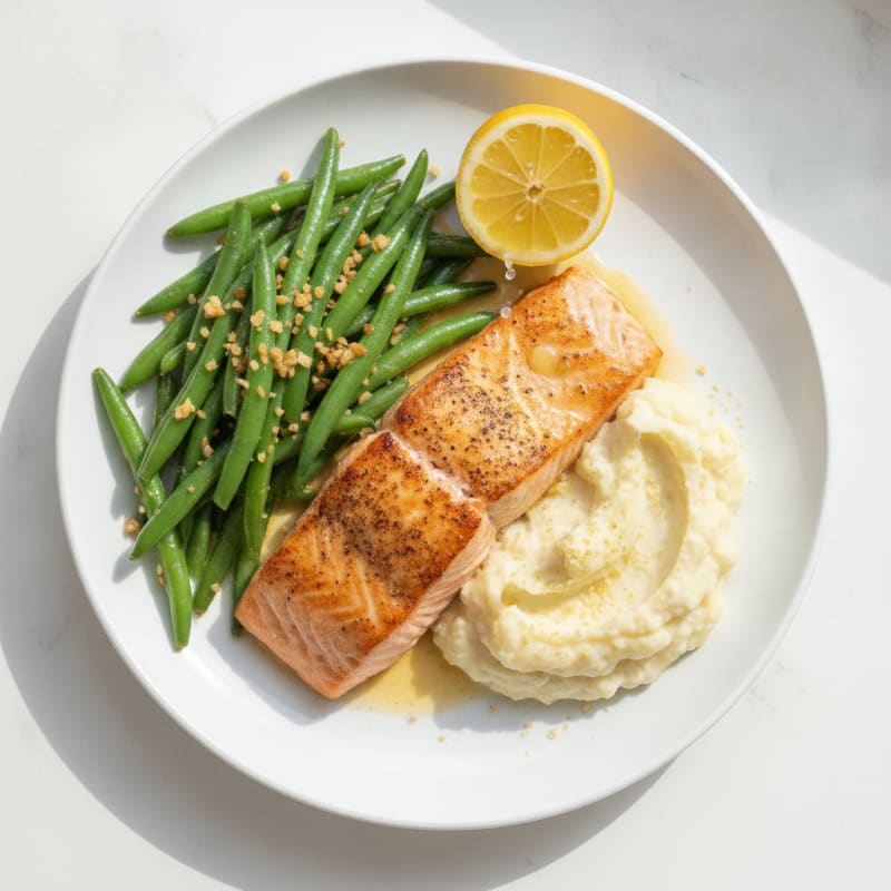 Seared Salmon with Garlic Green Beans and Mashed Cauliflower
