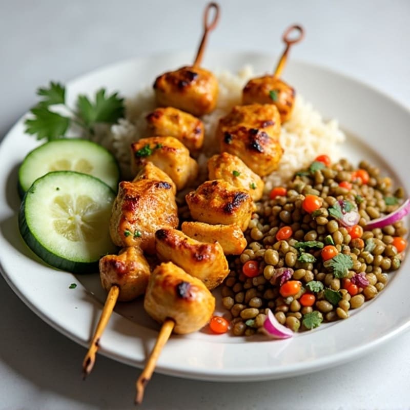 Grilled Chicken Tikka Skewers with Lentil Rice and Cucumber Salad