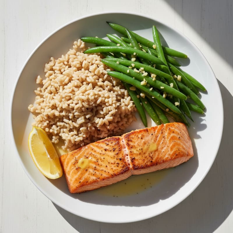 Seared Salmon with Garlic Green Beans and Brown Rice