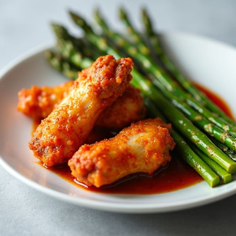 Crispy Baked Buffalo Chicken Wings with Roasted Asparagus