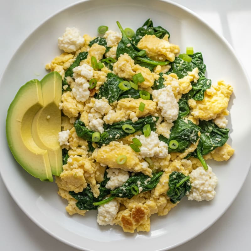 Scrambled Eggs with Cottage Cheese and Sautéed Spinach