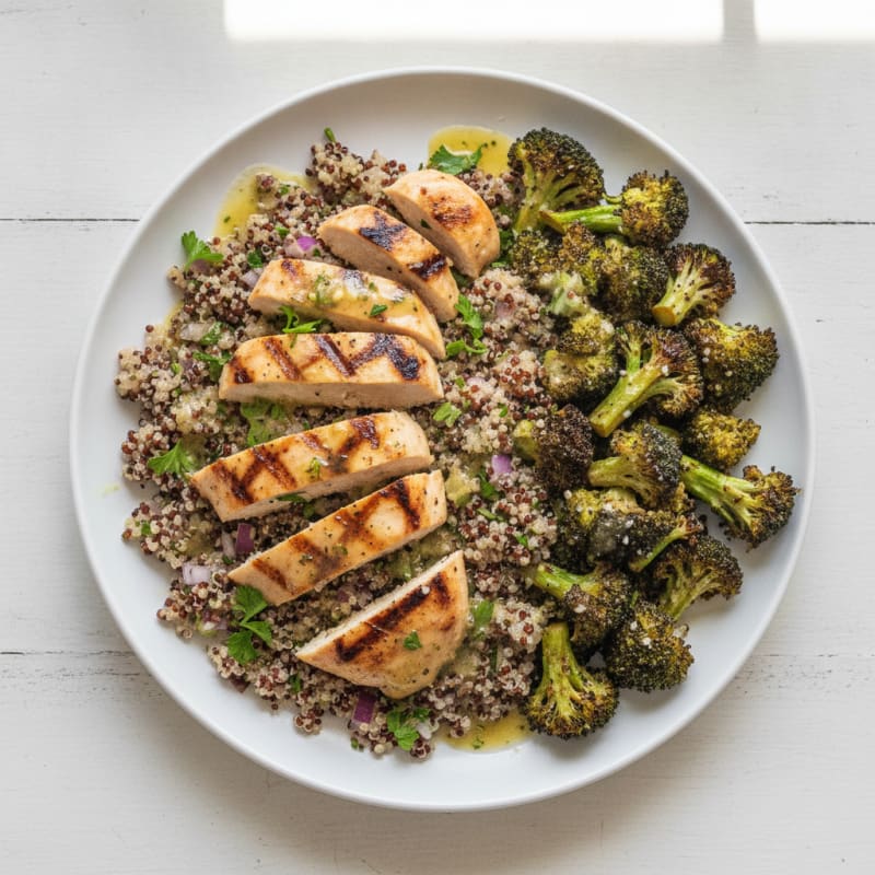 Grilled Chicken Breast and Quinoa Salad with Roasted Broccoli