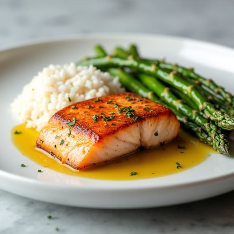 Seared Salmon with Steamed Rice and Asparagus