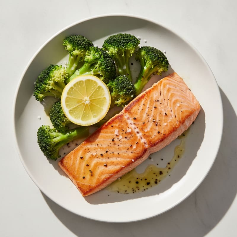 Seared Salmon with Steamed Broccoli and Lemon