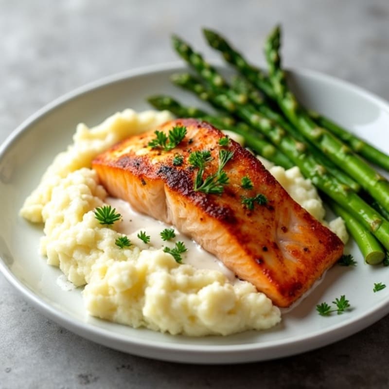Seared Salmon with Garlic Asparagus and Creamy Mashed Potatoes