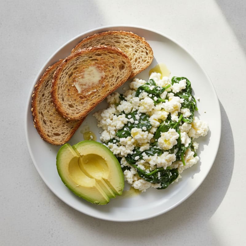Egg White Scramble with Cottage Cheese and Sautéed Spinach