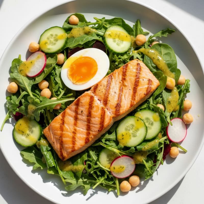 Grilled Salmon Salad with Chickpeas and Crunchy Vegetables
