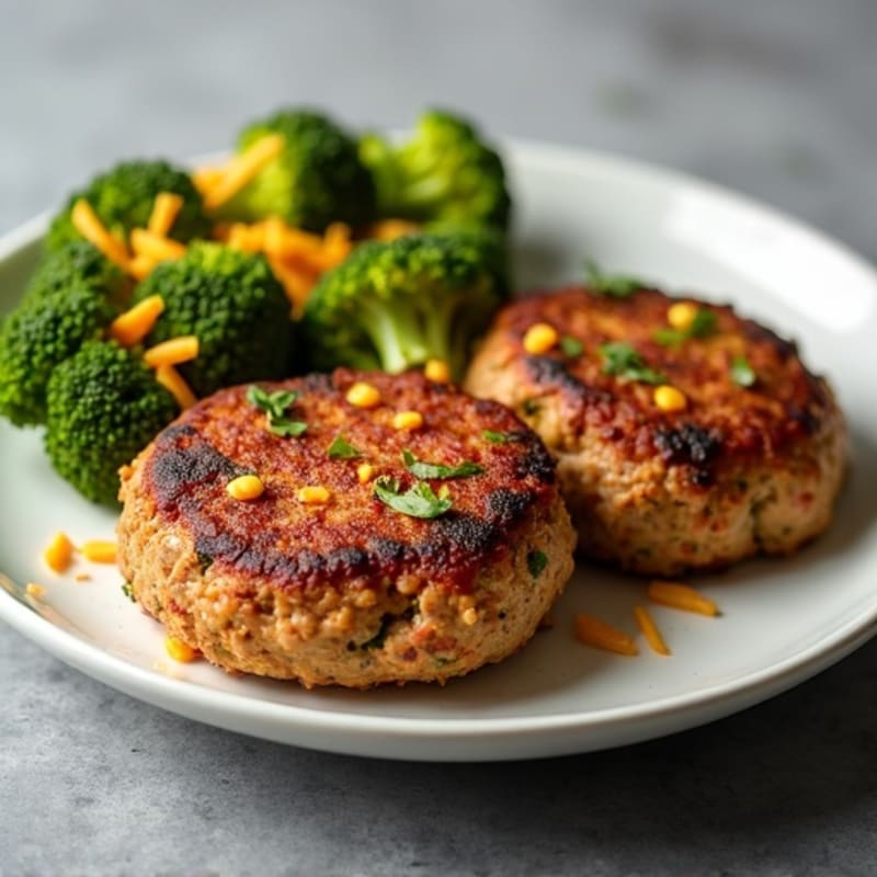 Lean Ground Beef Patties with Crispy Turkey Bacon and Cheesy Roasted Broccoli