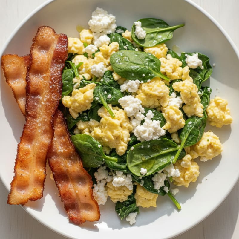 Cottage Cheese Egg Scramble with Spinach and Turkey Bacon