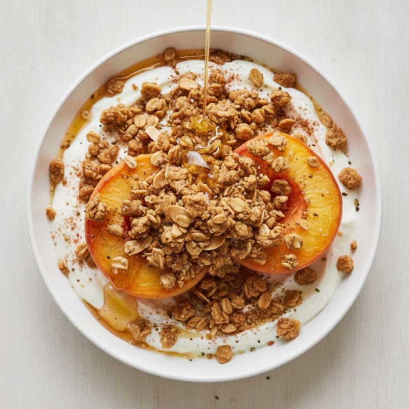 Baked Peaches with Honey-Almond Crumble