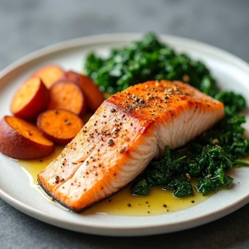 Seared Salmon with Roasted Sweet Potato and Sautéed Spinach