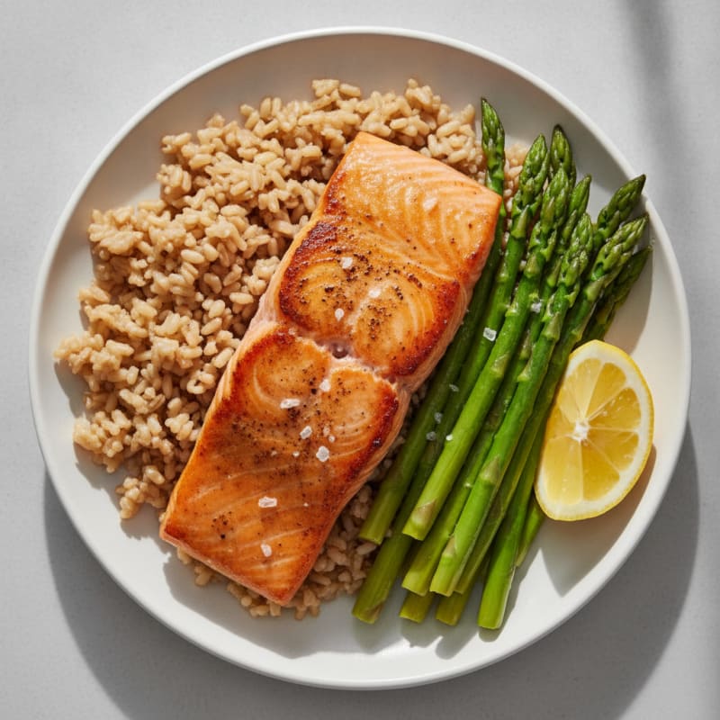 Seared Salmon with Steamed Asparagus and Brown Rice