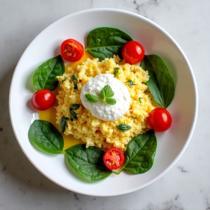 Egg White Spinach Scramble with Cottage Cheese and Cherry Tomatoes