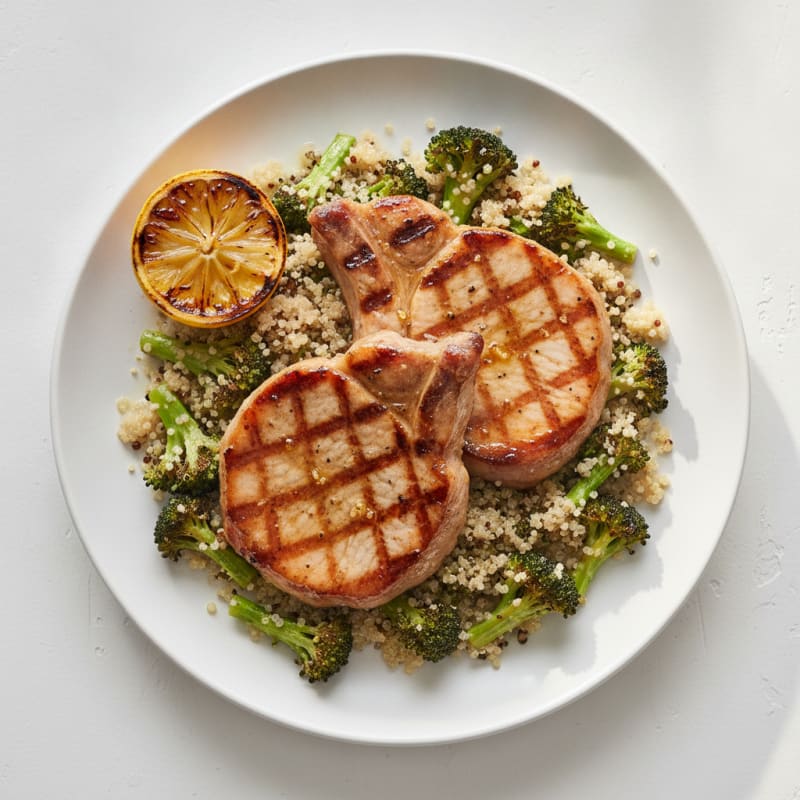 Grilled Pork Chops with Roasted Broccoli and Quinoa