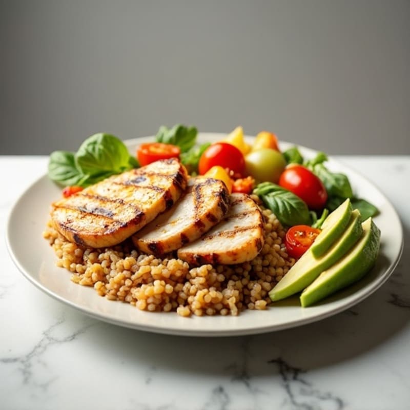 Grilled Chicken Breast with Brown Rice and Roasted Vegetable Salad