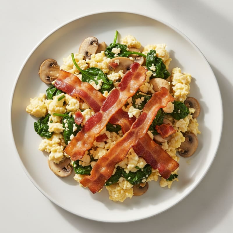 Crispy Turkey Bacon Egg White Scramble with Spinach and Sautéed Mushrooms