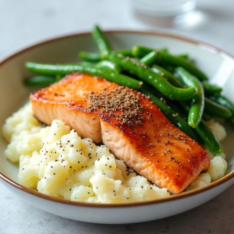 Seared Salmon with Steamed Green Beans and Cauliflower Mash