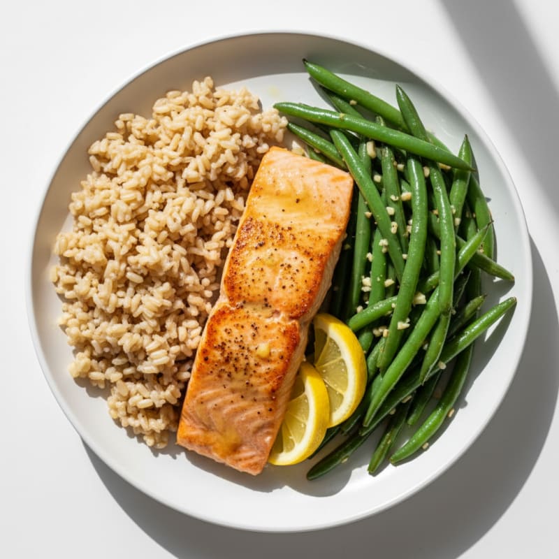 Seared Salmon with Garlic Green Beans and Brown Rice