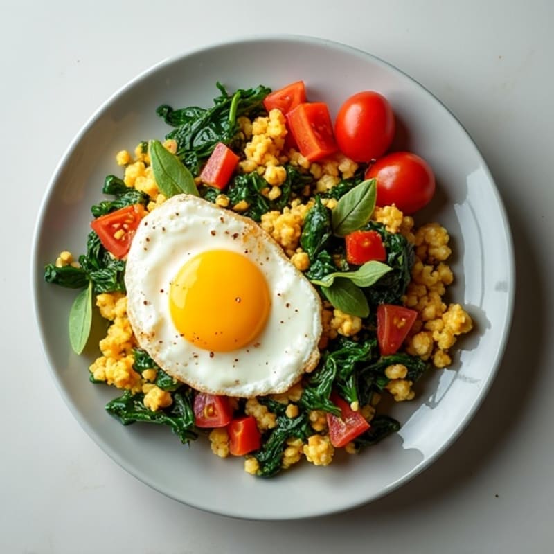 Cottage Cheese and Egg Veggie Scramble with Sautéed Spinach
