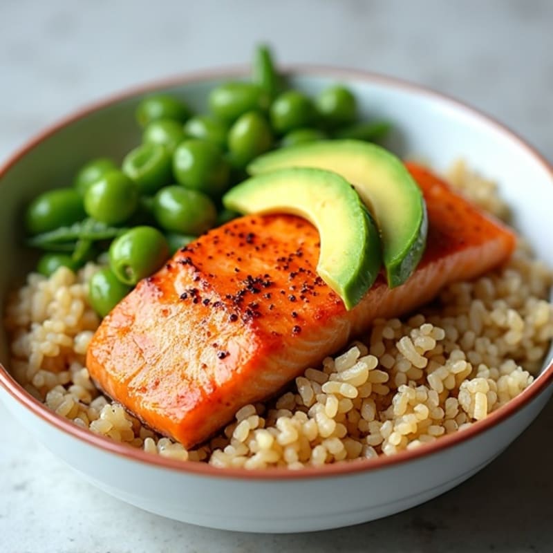Sesame Ginger Seared Salmon Rice Bowl with Creamy Avocado