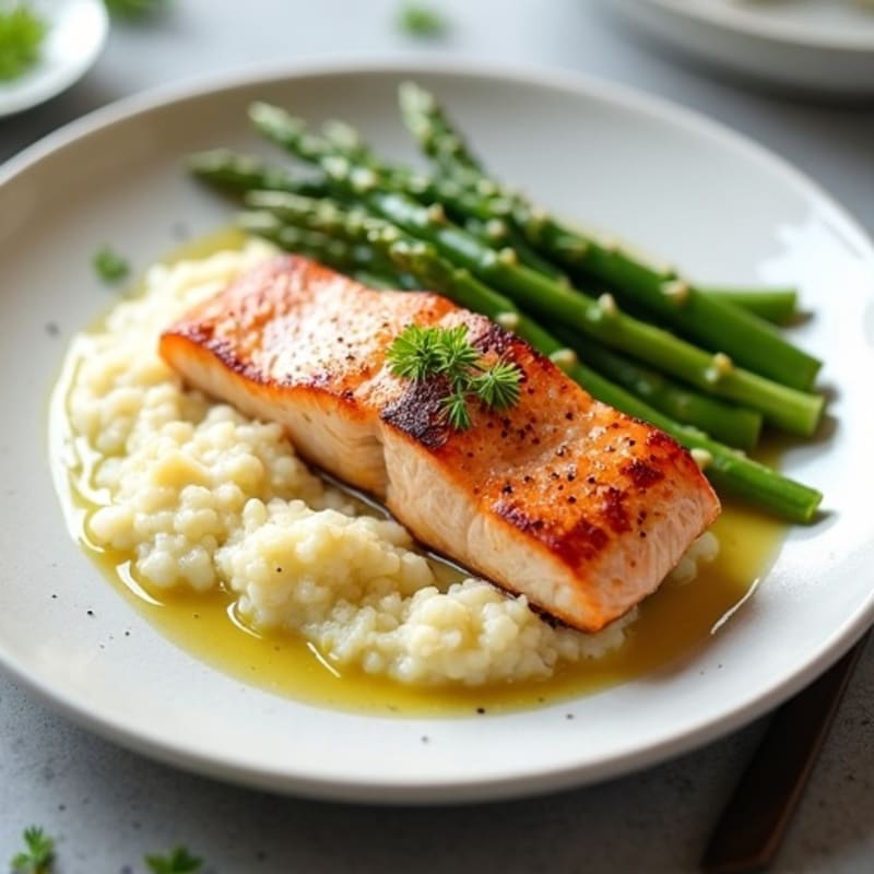 Seared Salmon with Steamed Asparagus and Cauliflower Mash