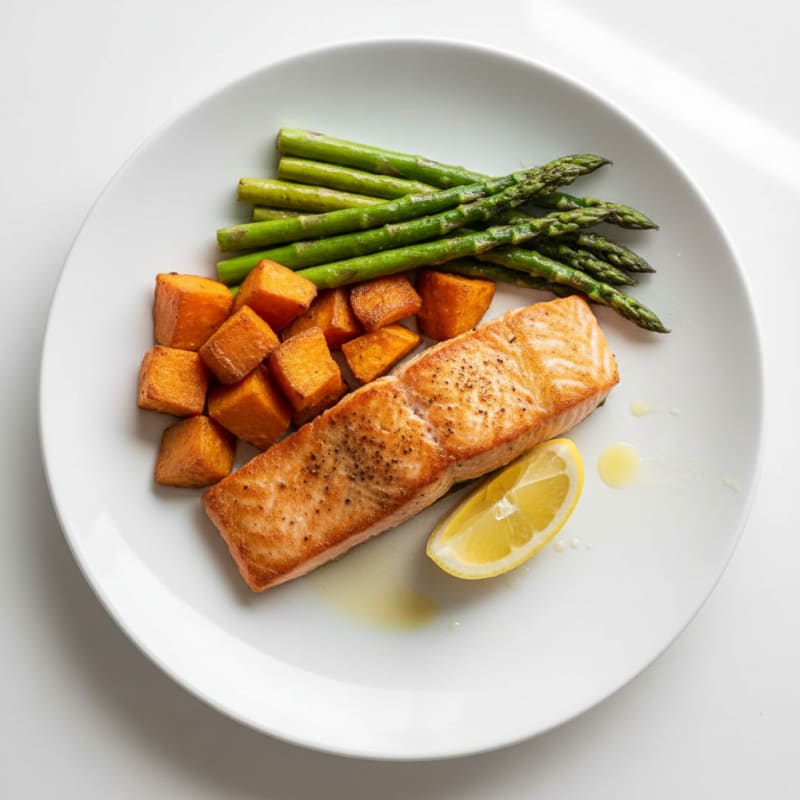 Seared Salmon with Roasted Sweet Potato and Asparagus