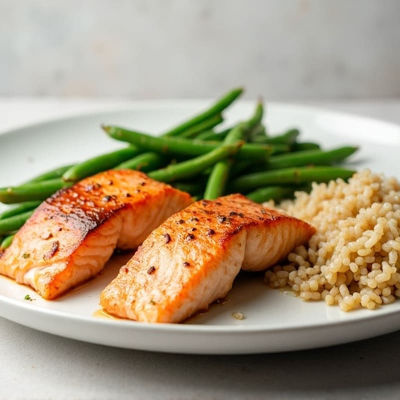 Seared Salmon with Garlic Green Beans and Brown Rice