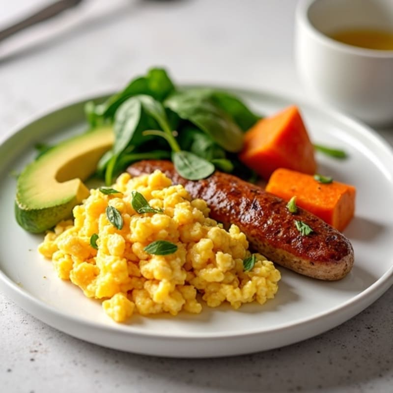 Egg White and Turkey Sausage Scramble with Roasted Sweet Potatoes