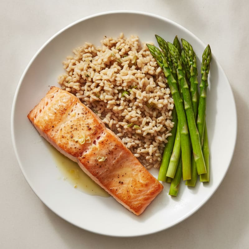 Seared Salmon with Steamed Asparagus and Brown Rice